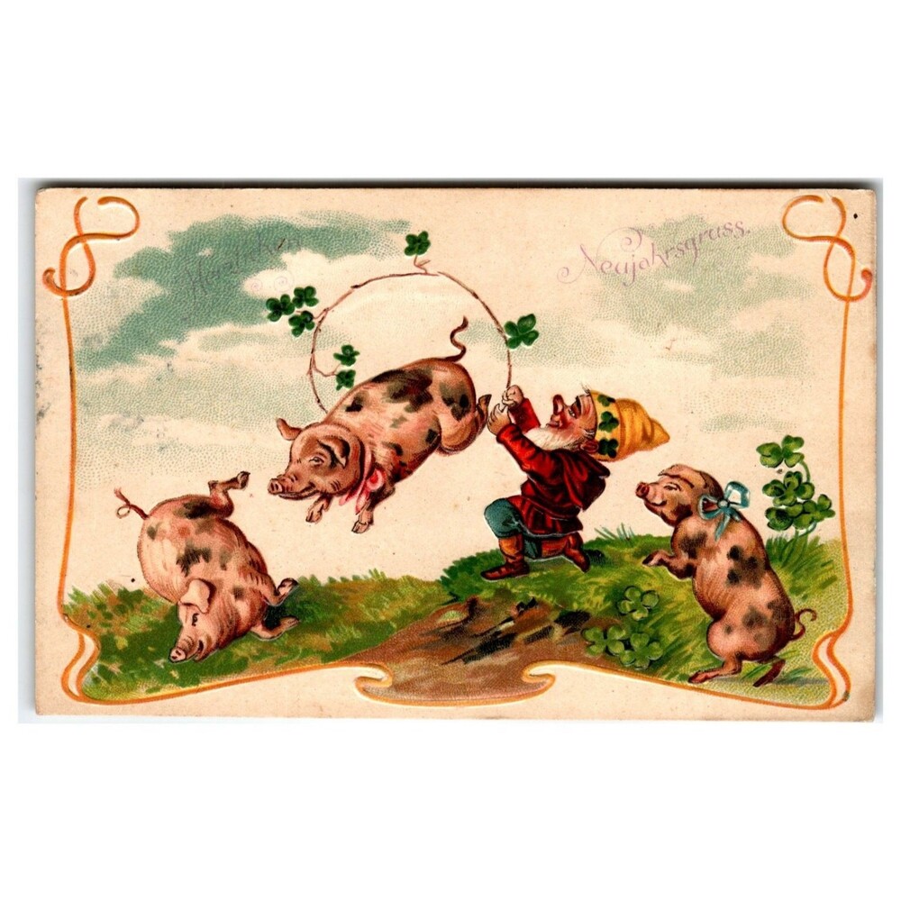 Vintage New Year's Gnome & Lucky Pigs Postcard - Austrian Postmarked 1908